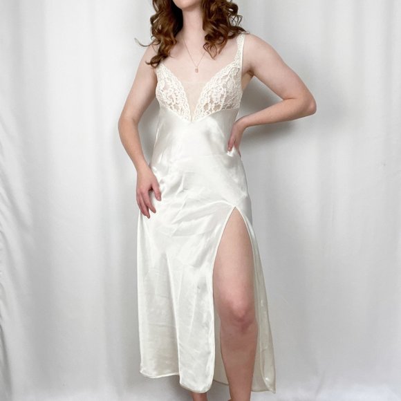 Vintage VS Gold Label Silky Lace Slip Dress Slit Sheer Bridal Wedding Midi Maxi - Picture 5 of 9